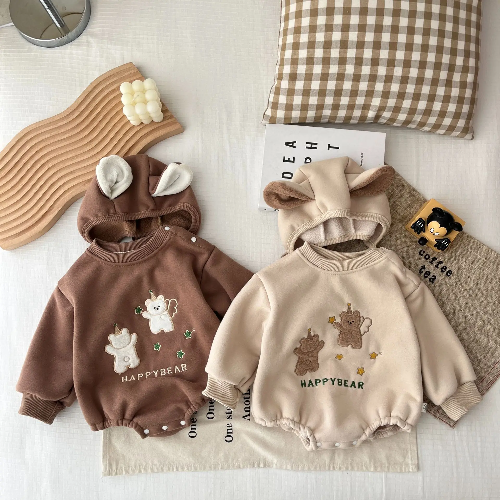 

Newborn Baby Boy Girl Fleece Inside Bear Winter Bodysuit Romper+Hat Clothes Set Infant Toddler Warm Jumpsuit Baby Clothing 3-18M