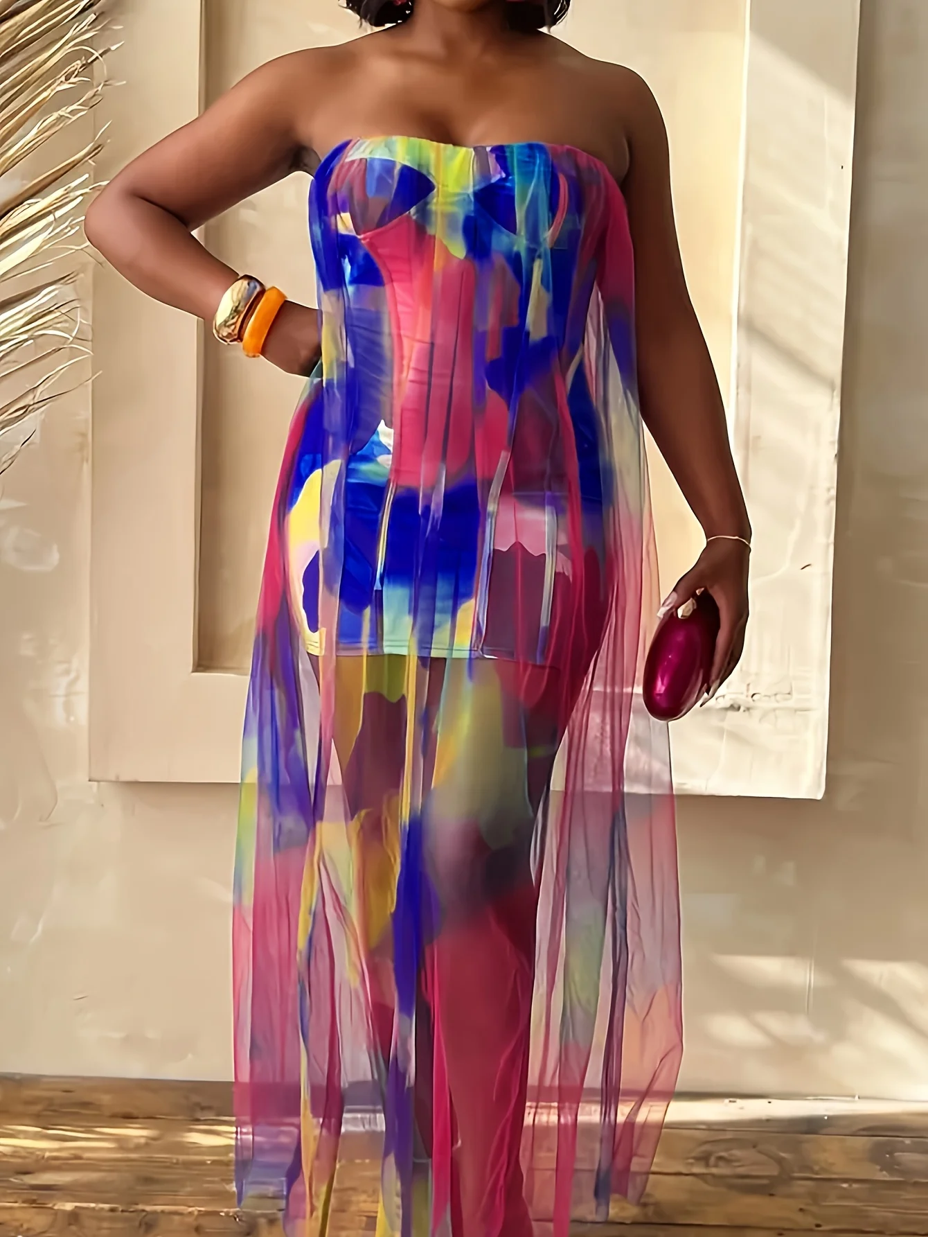 

Gradient Color Printed Sleeveless Strapless Shoulderless Evening Dress, Mesh Tube Mini Gown for Ball Parties