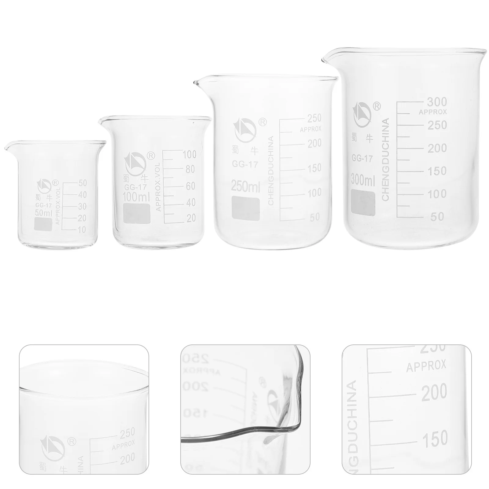 

4Pcs Glass Graduated Beakers Laboratory Measuring Beaker Durable Heat Resistant Spout Design Ideal for Science Research