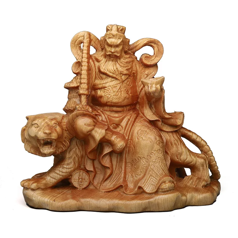 Solid wood carving Zhao Gongming Riding a Tiger Statue，Hand-carved，God of Wealth Decoration Home Living Room Feng Shui Statue