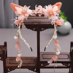 Fini rabbit cute fox Cat's ears (Steamed cat-ear shaped bread) sweet girl hair hoop plush wool ball hanfu headdress antique acce