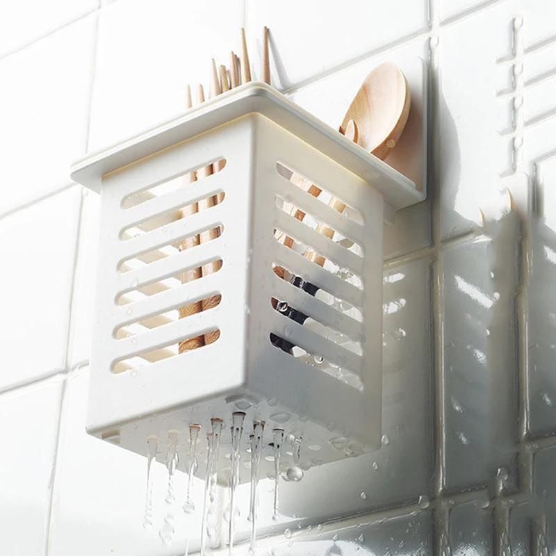 No Drilling Wall-mounted Plastic Basket For Kitchen Bathroom Supplies Punching-free Toiletries Chopsticks Spoon Holder