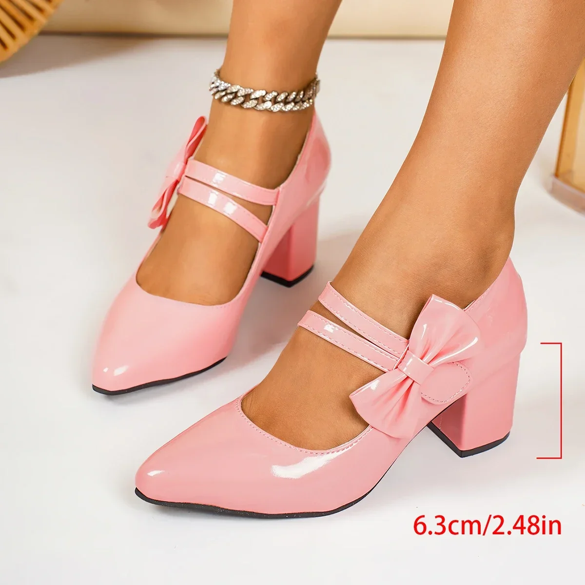 Damen-Spitzschuhe mit Blockabsatz für Partys, Modische Damen-Einriemen-Schuhe, Rutschfest, Verschleißfest, Büro-High-Heels, Größe 35-42 – Detail 5
