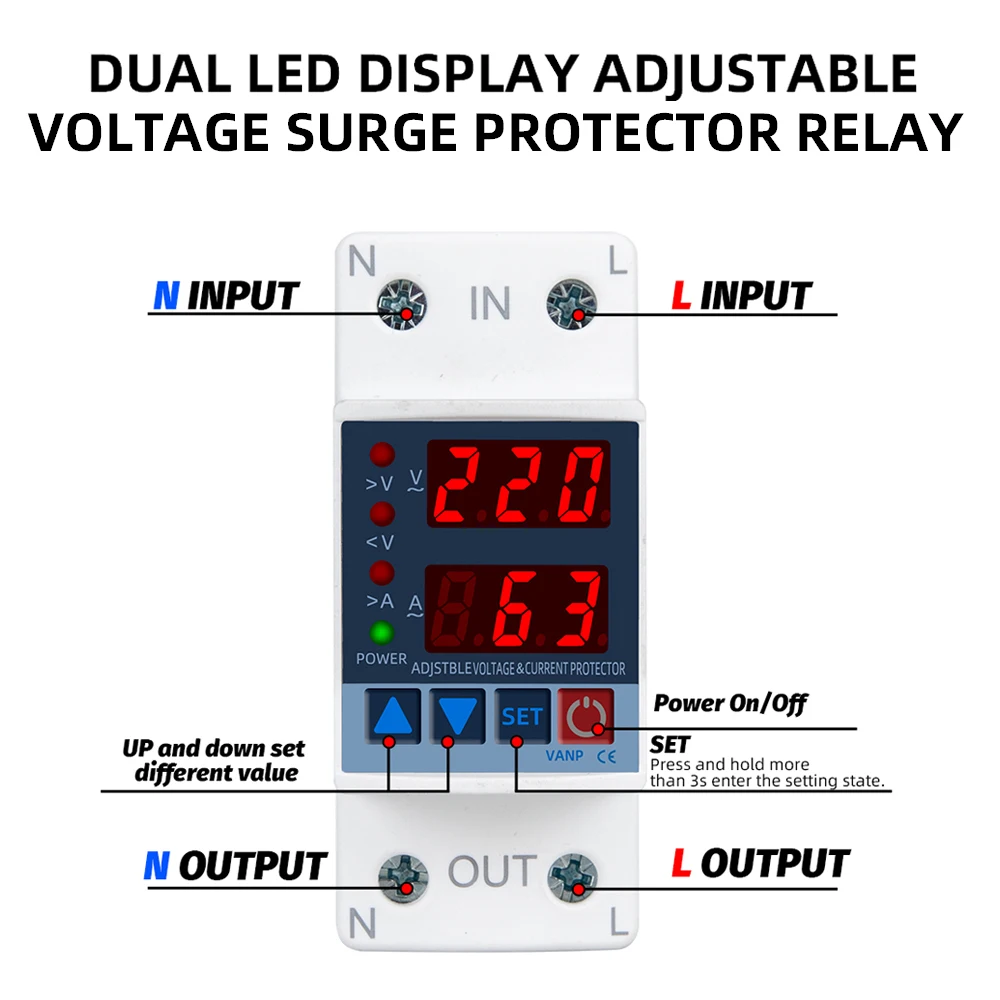 New Dual Display Din Rail Volt Amp Protection 220V 230V 40/63A Adjustable Over Under Voltage Protective Current Protector Relay
