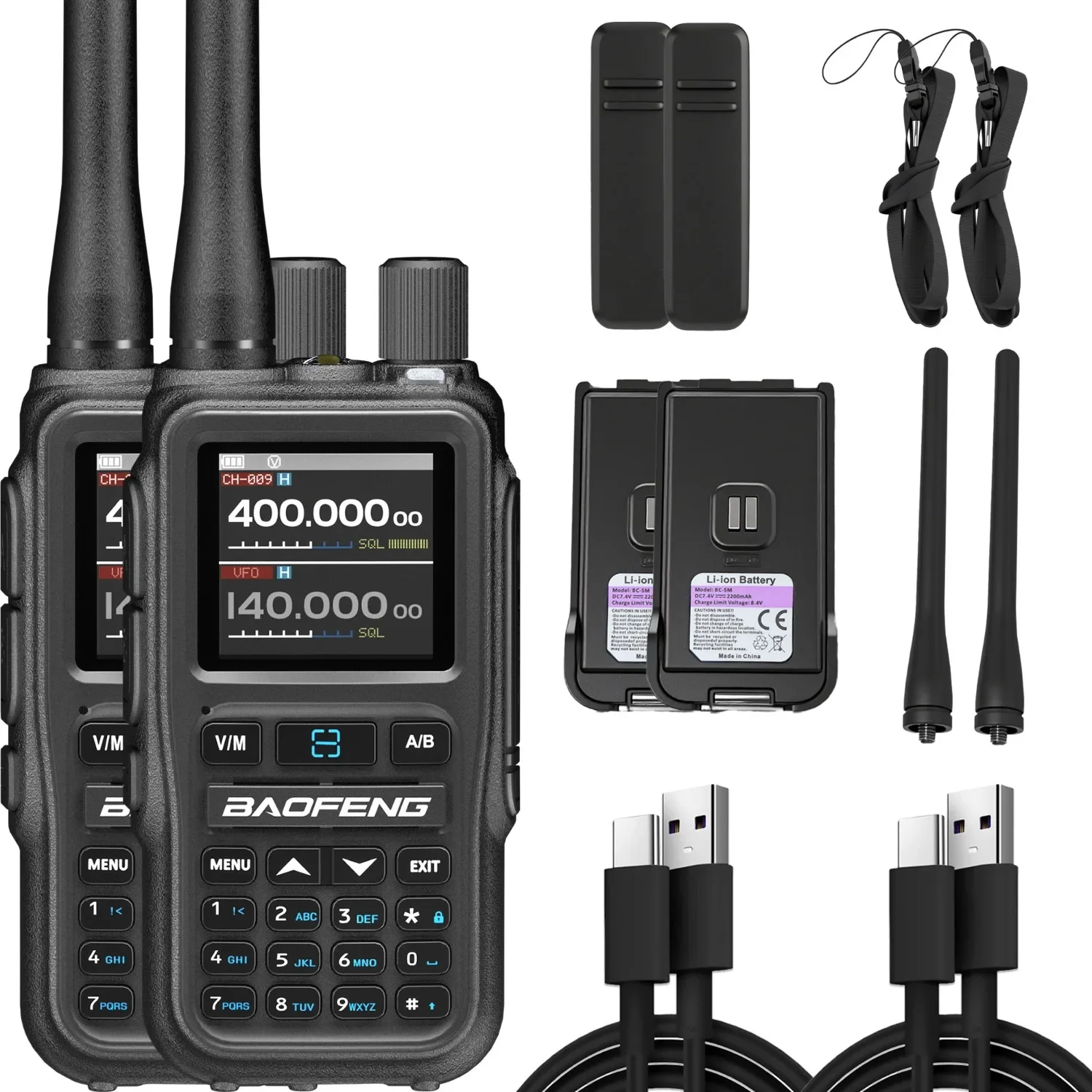 BAOFENG UV-5R راديو صغير ثنائي النطاق ثنائي الاتجاه (5W/999CH) |   برمجة تطبيق بلوتوث، تنبيه الطقس NOAA، شحن سريع من النوع C، عبوتان