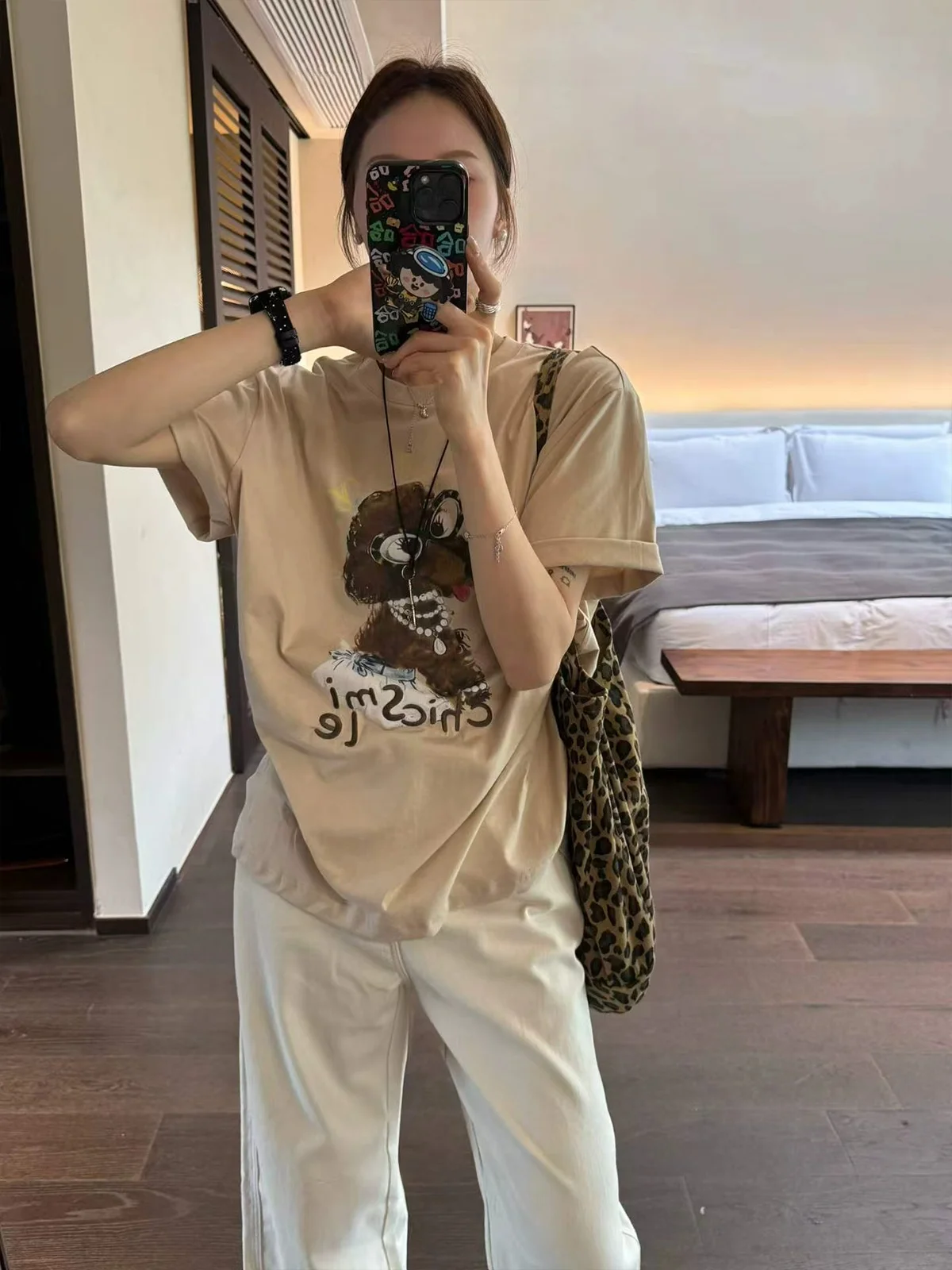 

Женская футболка SOHEE в корейском стиле с милым принтом собаки, с коротким рукавом, повседневная, свободного кроя, летняя, новинка, хлопковая