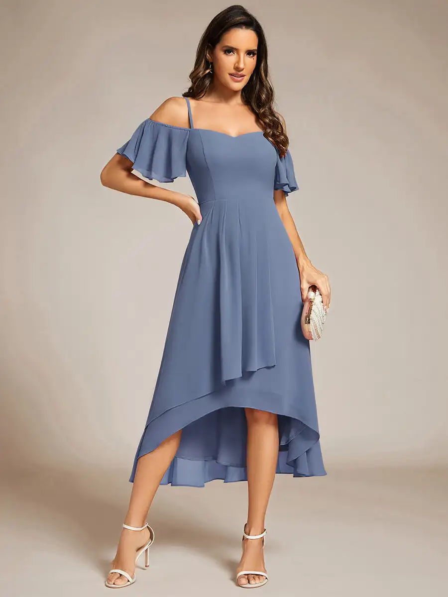 

Elegant Evening Dresses Spaghetti Strap Cold Shoulder 2025 Ever pretty of Chiffon A-Line Dusty Navy Midi Wedding Guest Dress