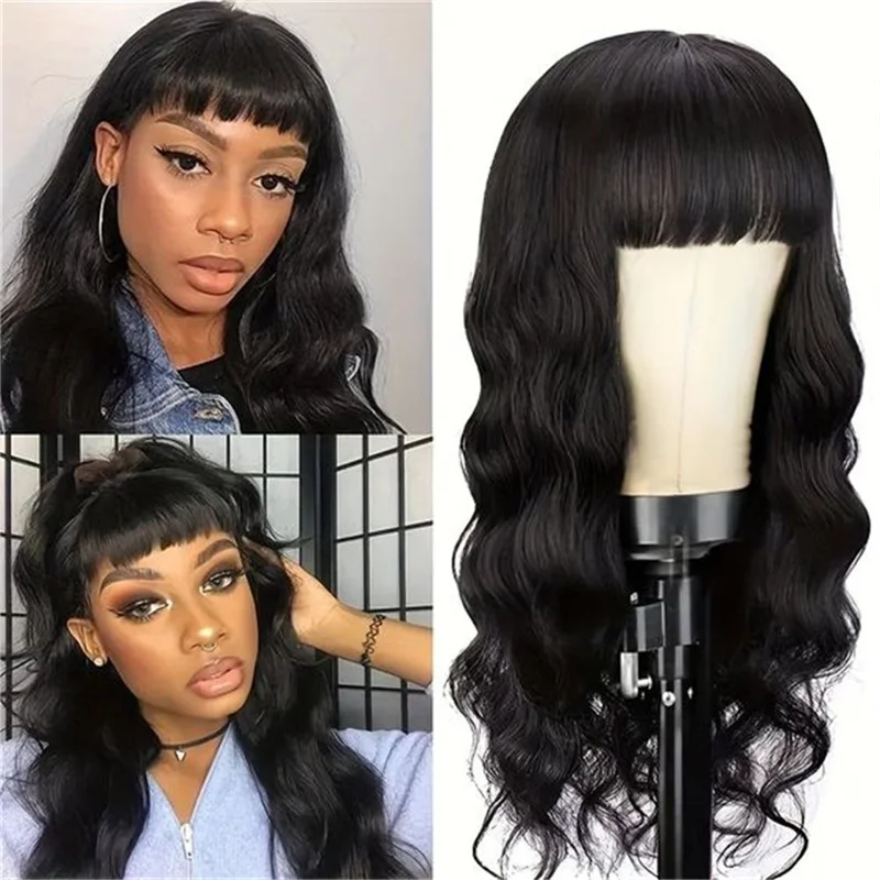 

HAIRTIME Body Wave Machine Fringe Wig Human Hair,Non Lace Cheap Wigs Human Hair Wigs With Bang,Cheap Human Hair Wigs