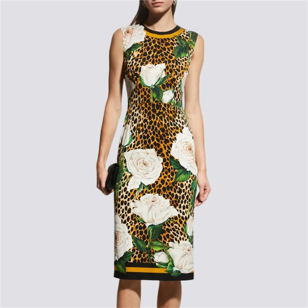 

High Quality Designer Inspired Women Leopard Rose Print 100% SILK Midi Dress Luxury Runway Fashion For Female 2024