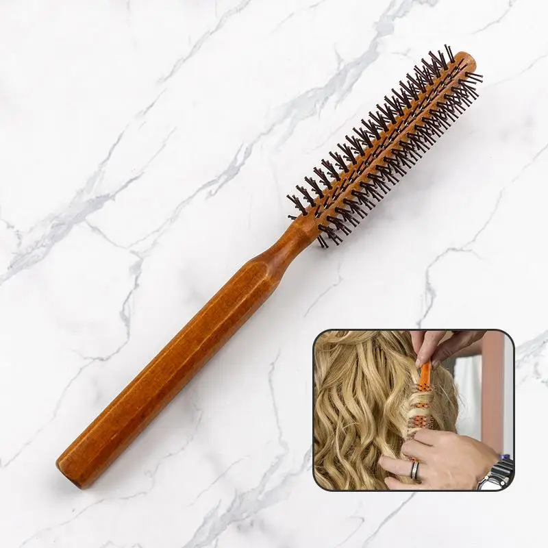 

Bristle Wooden Curly Hair Comb Natural Boar Bristle Rolling Brush Round Barrel Blowing Curly Hairbrush Hair Styling Tool Barber
