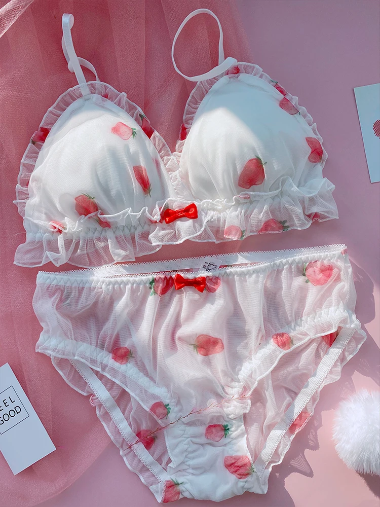 

Japan Schoolgirls Kawaii Pink White Strawberry Cute Underwear Bra and Panty Sexy Lace Mesh Wireless Lingerie 32C 34C 75 80 A B