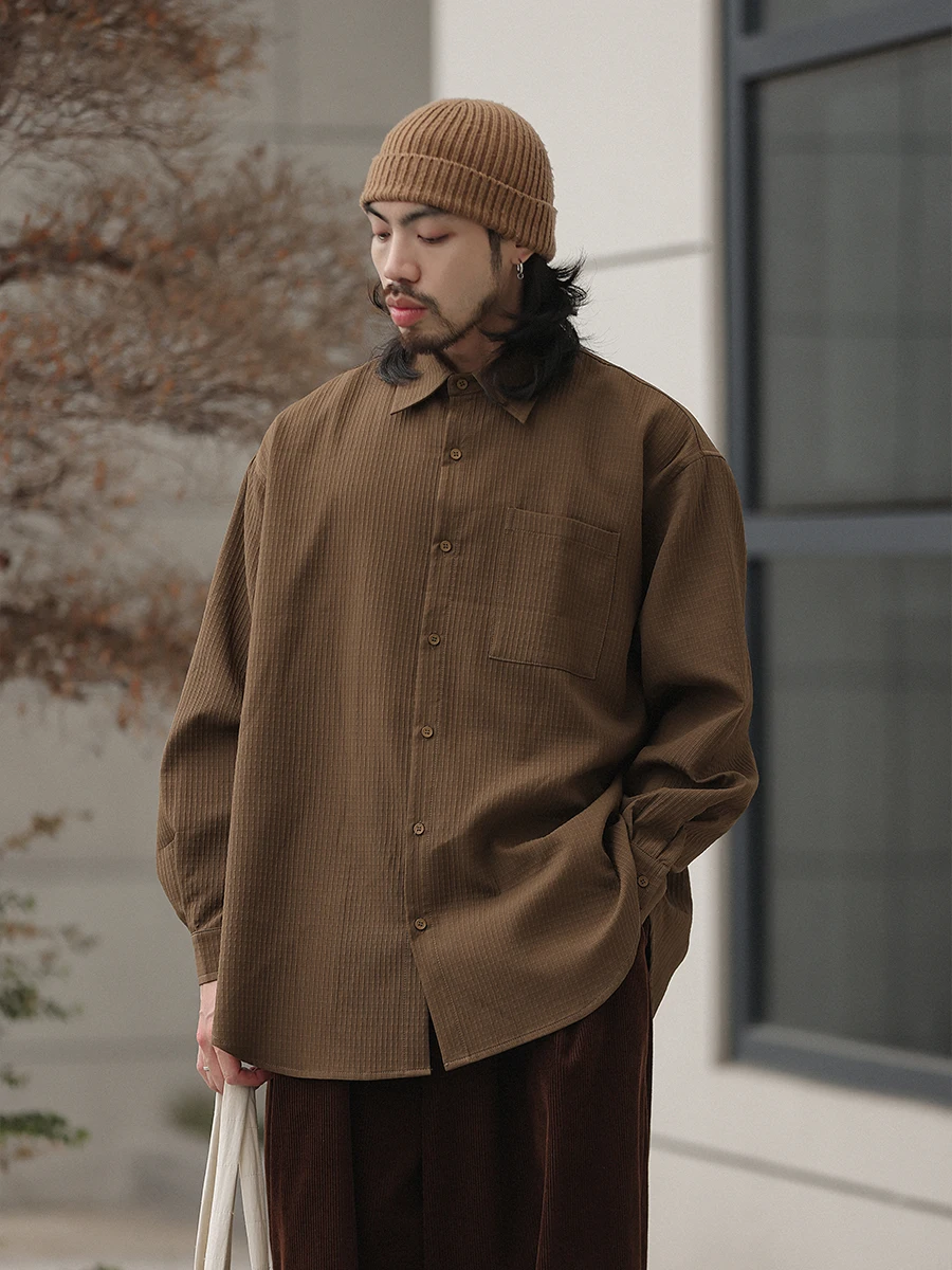 

NOEARS Japanese Style Retro Brown Texture Long Sleeve Shirt Loose Square Collar Casual Texture Shirt Autumn Winter Men's Fashion