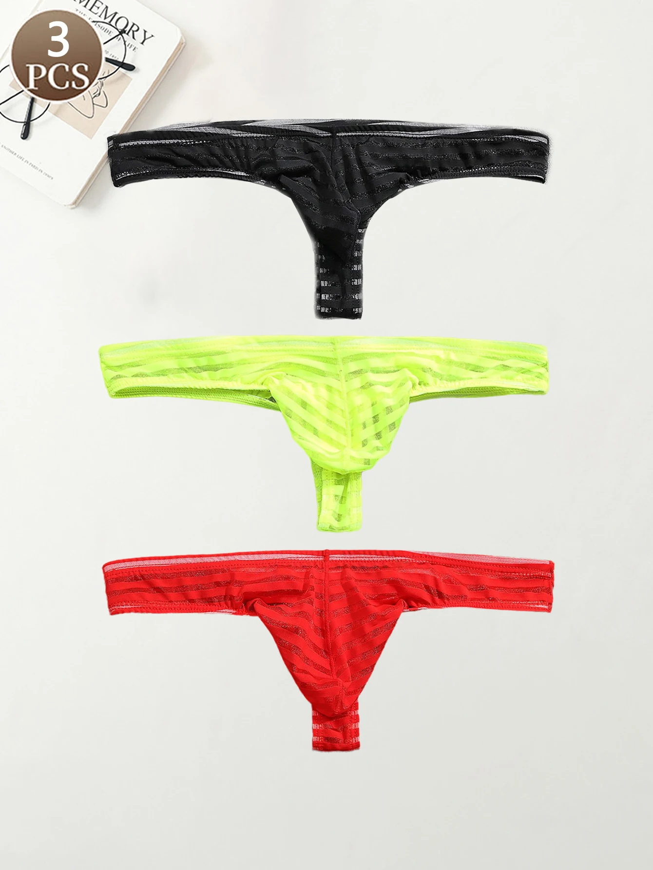 

3 шт., однотонные полосатые повседневные спортивные сексуальные сетчатые мужские дышащие бесшовные модные полупрозрачные стринги с низкой талией