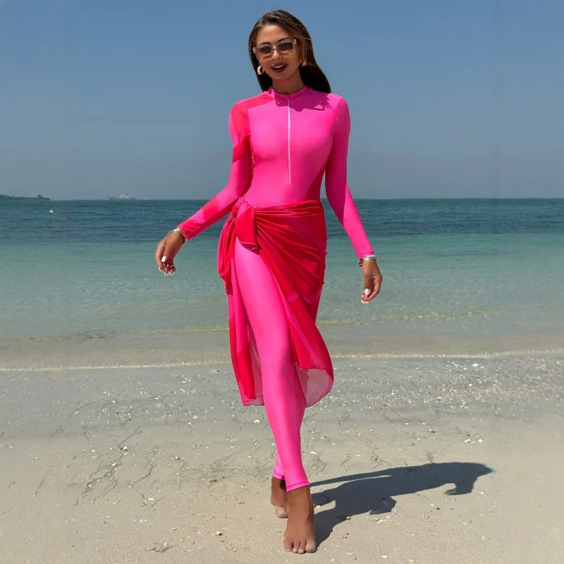 

3pcs Burkini Muslim Modest Women Swimwear Long Sleeve UPF50+ Rash Guard with Rose Red Gauze Arabic Swimwear Beach Wear