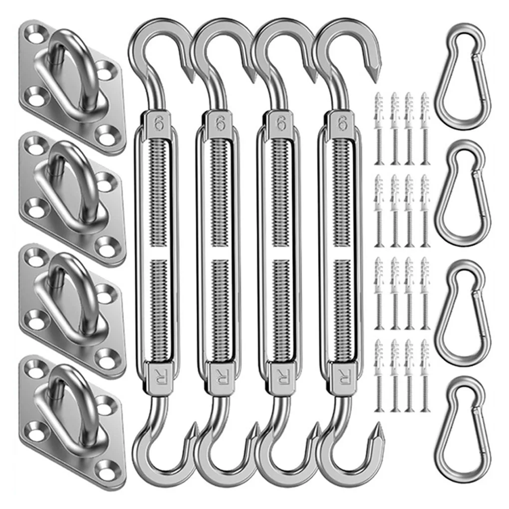 

4PCS Adjust Chain Rigging Hooks & Eye Turnbuckle Wire Rope 304 Stainless Steel M6 Tension Device Line Triangle Shade Sail Kit