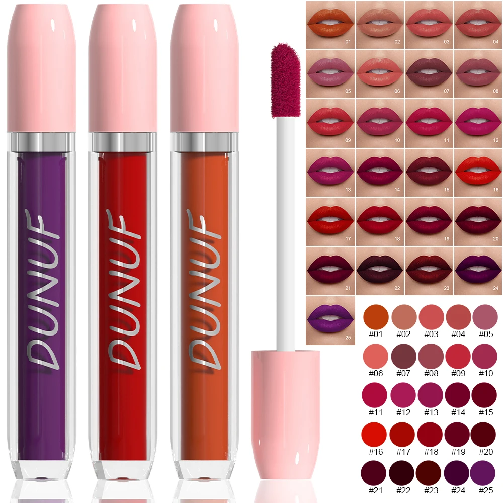 DUNUF 25 Farben samtmatter Lipgloss, einfache Farbe, flüssiger Lippenstift, Make-up, Lippentönung, Batom, langlebig, sexy rot-lila Lipgloss