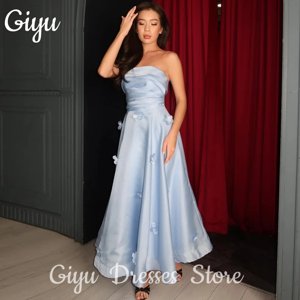 

Giyu Customized Blue Appliques Strapless Prom Gown 3D Flowers Satin A-line robes de soirée Floor-Length Party Dresses 2025