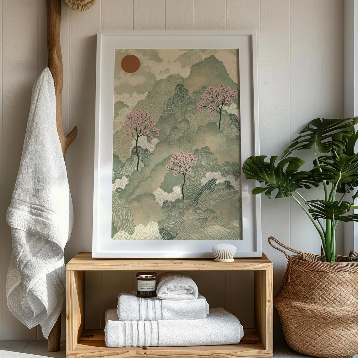 Vintage Ukiyo-E Inspired Landscape Wall Print Decor - Stylized Illustration of Rolling Green Mountains, Wavy Cloud Patterns and image 6