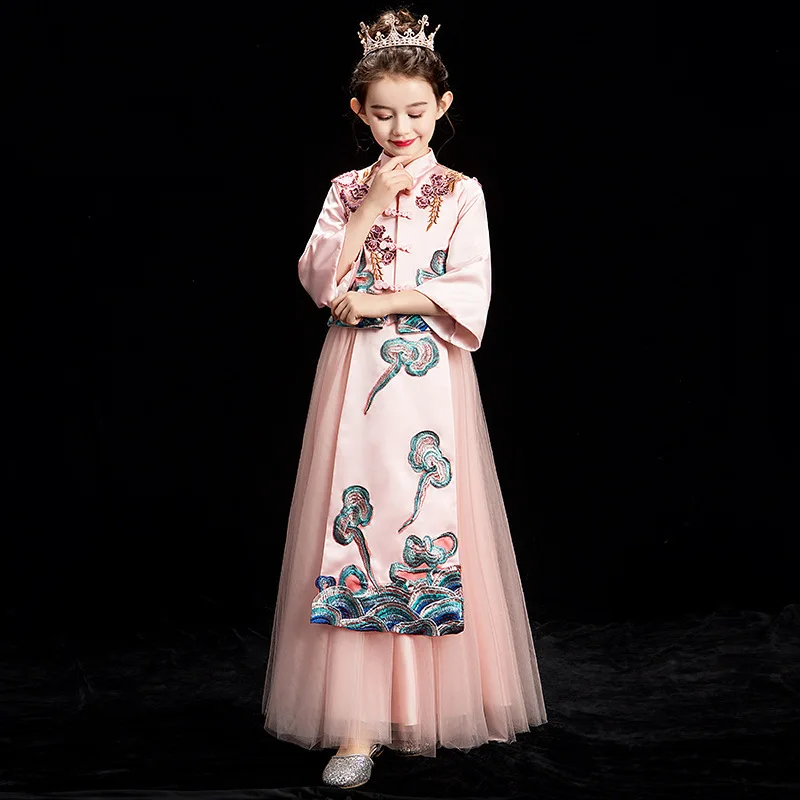 

Chinese Qipao Cheongsam Lovley Girls Tang Suit Kids New Years Dress Children Embroidery Cotton-padded Clothes Ancient Hanfu