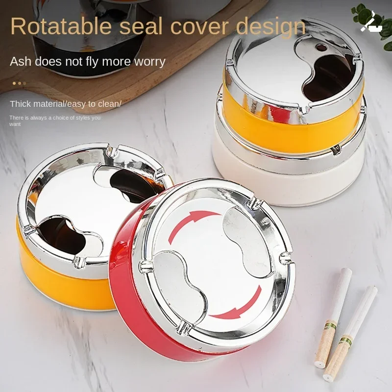 Stainless Steel Round Windproof Ashtray with 360° Rotating Lid for Home Office Living Room Decoration Men Sealing Ashtrays