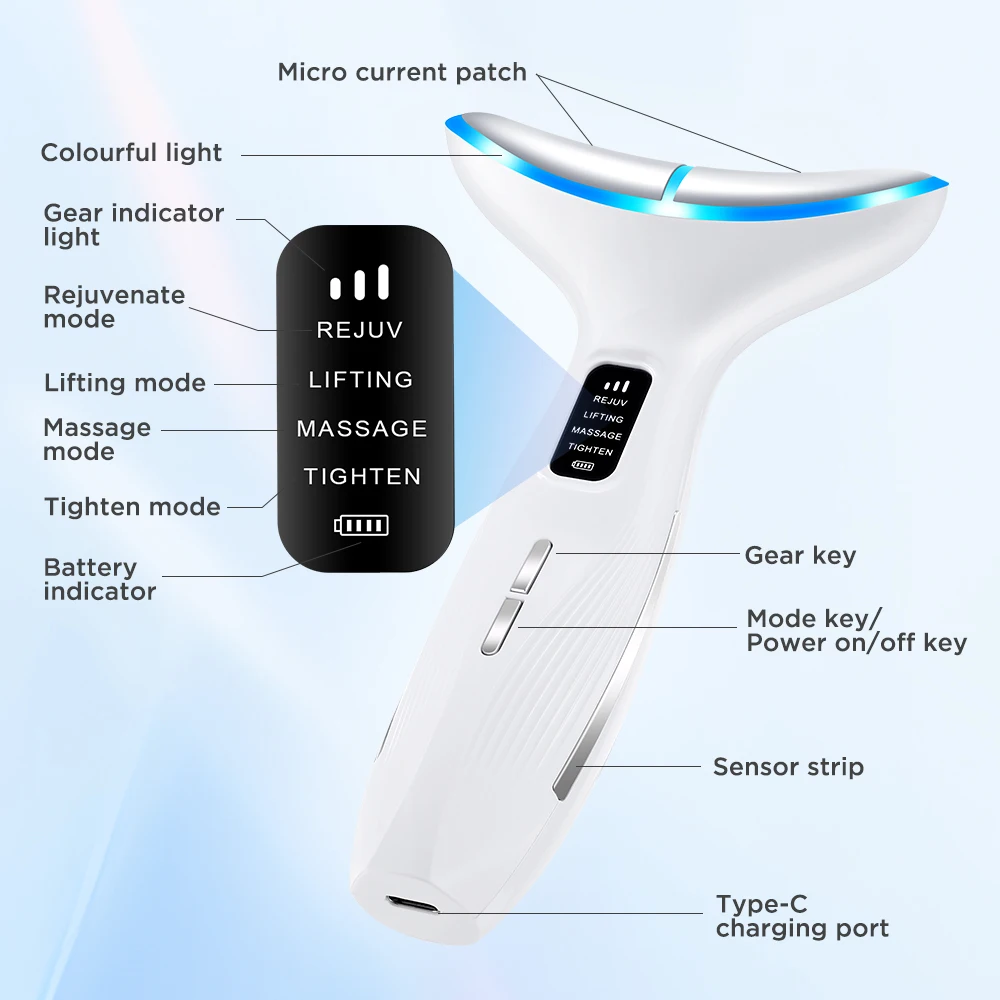 7 couleurs LED lumières visage cou dispositif de beauté Vibration Massage améliorer les lignes du cou usage domestique Machine de Lifting du visage 7 Modes 3 niveaux