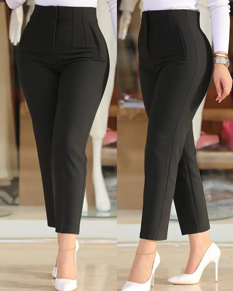 

Elegant High Waist Cropped Work Pants for Women Black All-Match Daily Office Formal Wear Fashion Women's Trousers