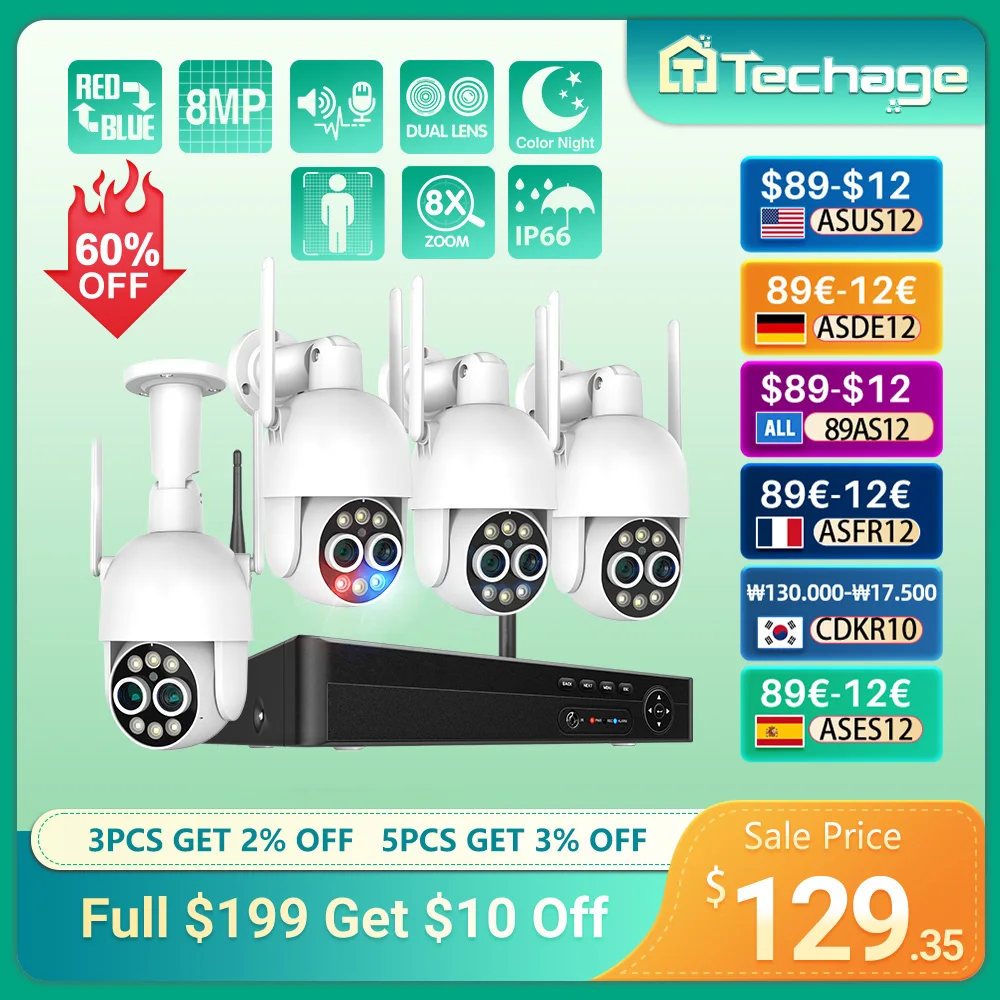

Беспроводная система видеонаблюдения Techage, оборудование для наружного наблюдения, 8 каналов, PTZ, 8 Мп, двойной объектив, 8-кратный зум, Wi-Fi, функция распознавания людей, ночное видение, ONVIF