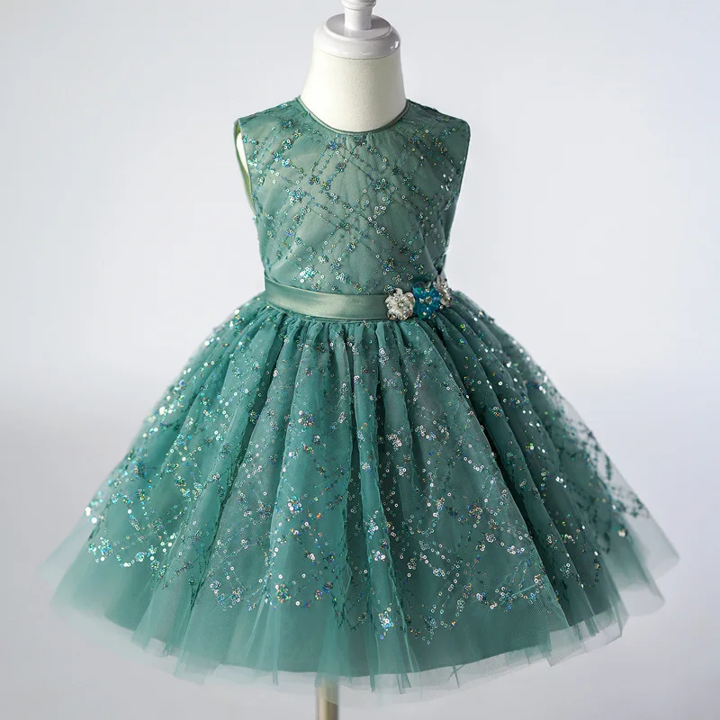 3 4 To 7 8 10 Years Little Girl Clothes Summer Princess Dresses Glowing Luxury Party Holiday Children\'s Green Sleeveless Dress