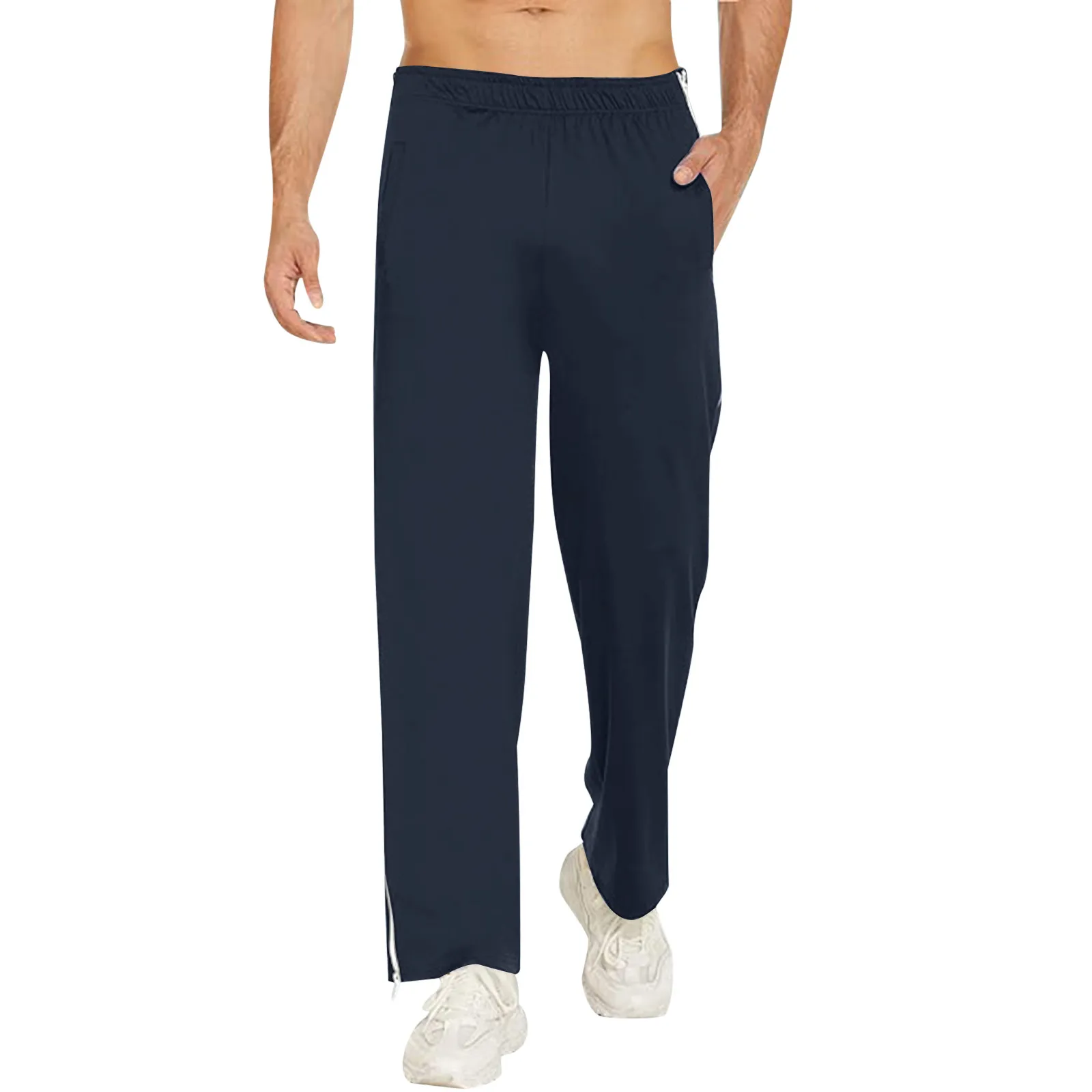 Mid-Rise Men Sweatpants Elastic Waistband Pockets Sports Trousers Splicing Color Wide Leg Side Zipper Basketball Pants