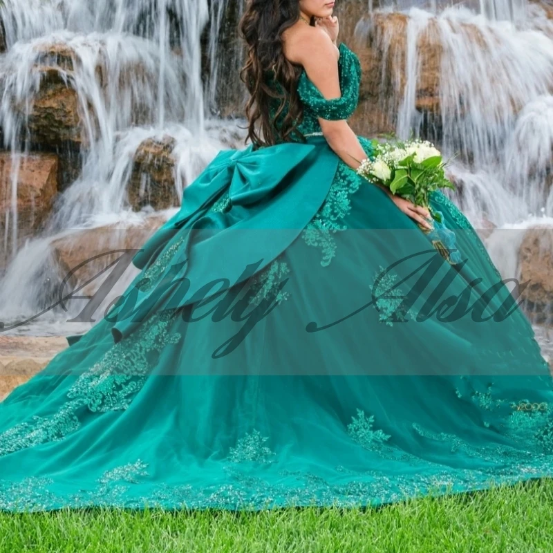 A36331 robe de fête d'anniversaire pour femmes, vert mexicain, épaules dénudées, avec nœud, robe de bal, occasion douce 15 16 filles, Quinceanera, personnalisée