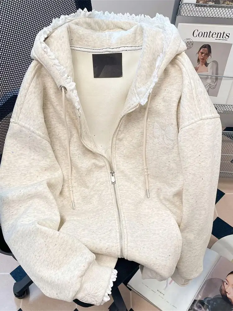 

Large Size Korean Sle Hooded Cardigan Sweater Women's Spring Faion Slimming High-End Lace Trim Top Korean Version