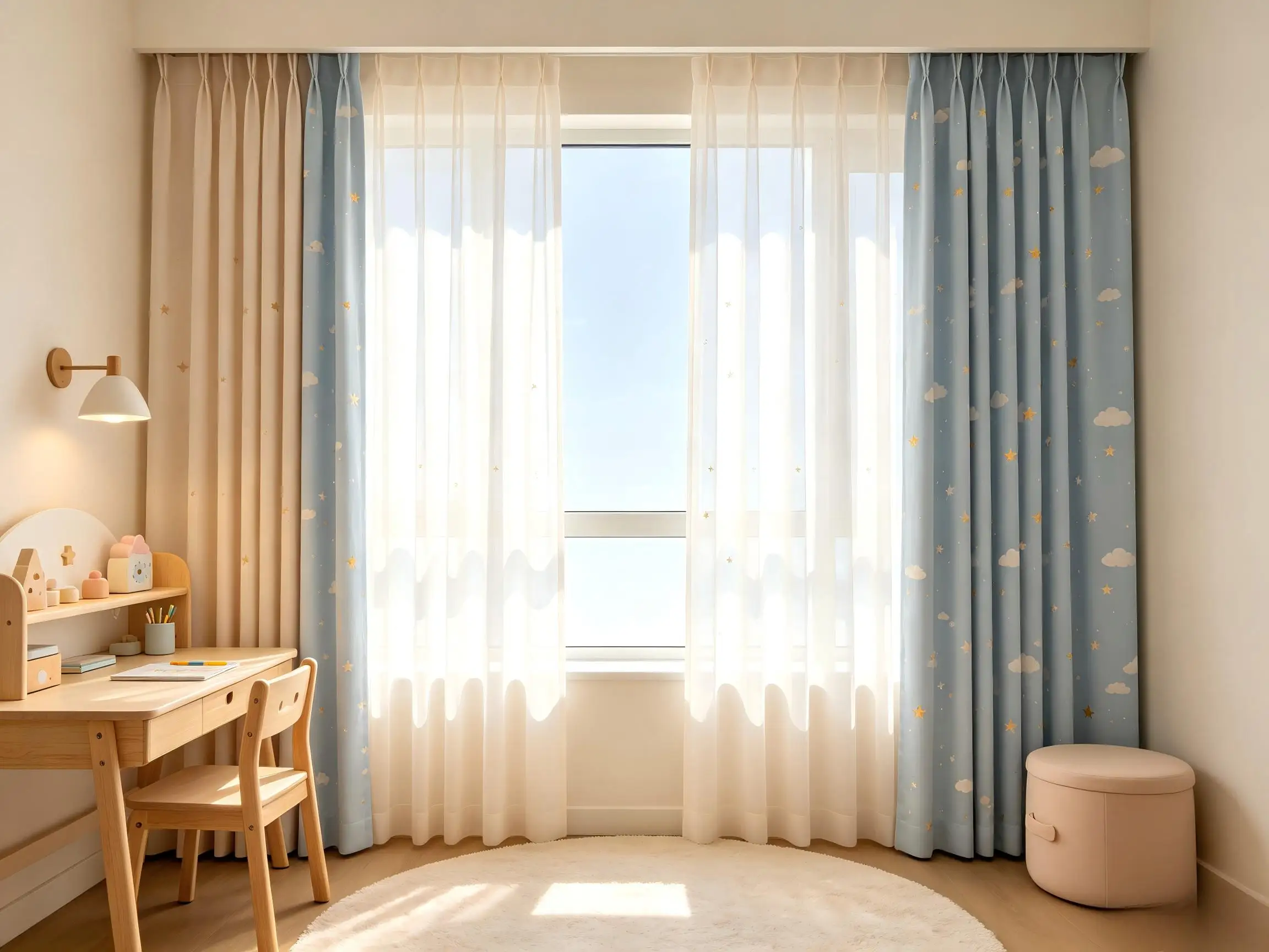 200139   Light apricot gauze curtain, light blue printed blackout curtain, fresh children's room