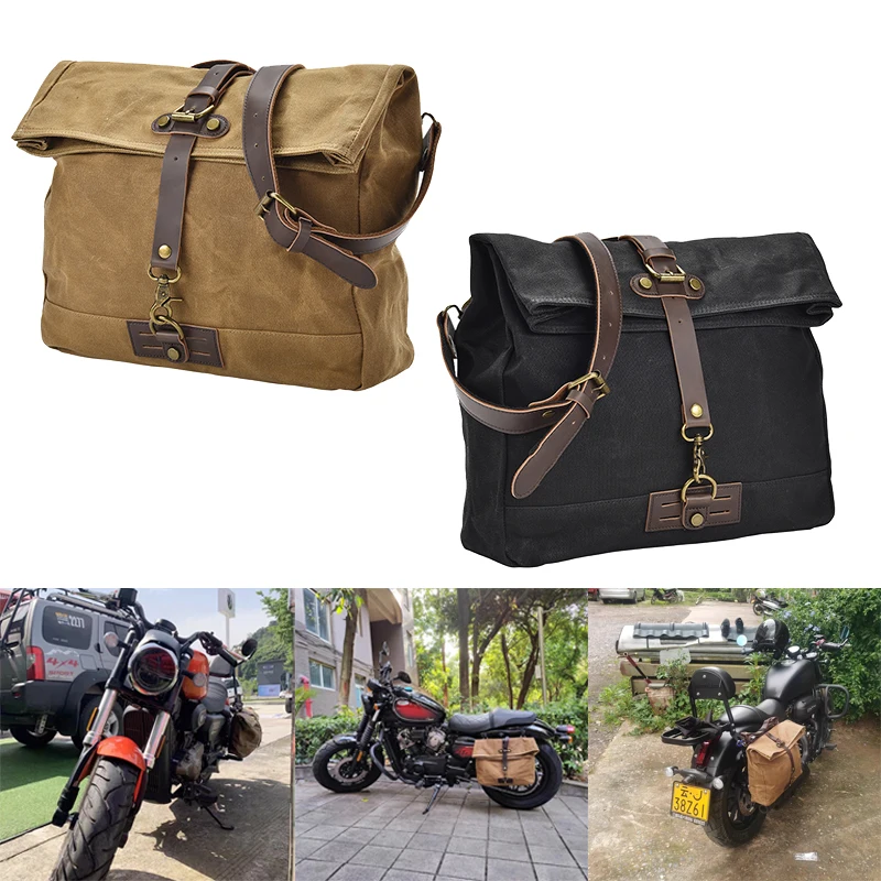 

Vintage Universal Men Motorcycle Backpack Waterproof Canvas Leather Retro Rear Seat Bag Motocross Saddlebags Biker Side Bag