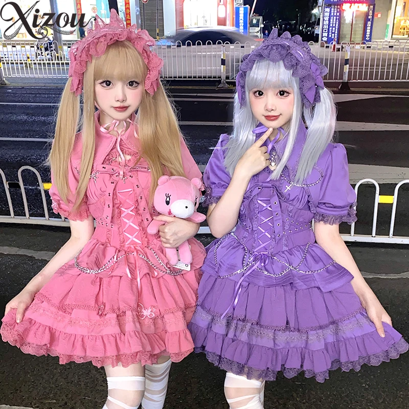 JSK Gothic Punk Stil Elegante Beiläufige Kurze Kleider für Frauen Subkultur Harajuku Sommer Original Kawaii Dame Lolita Kleid