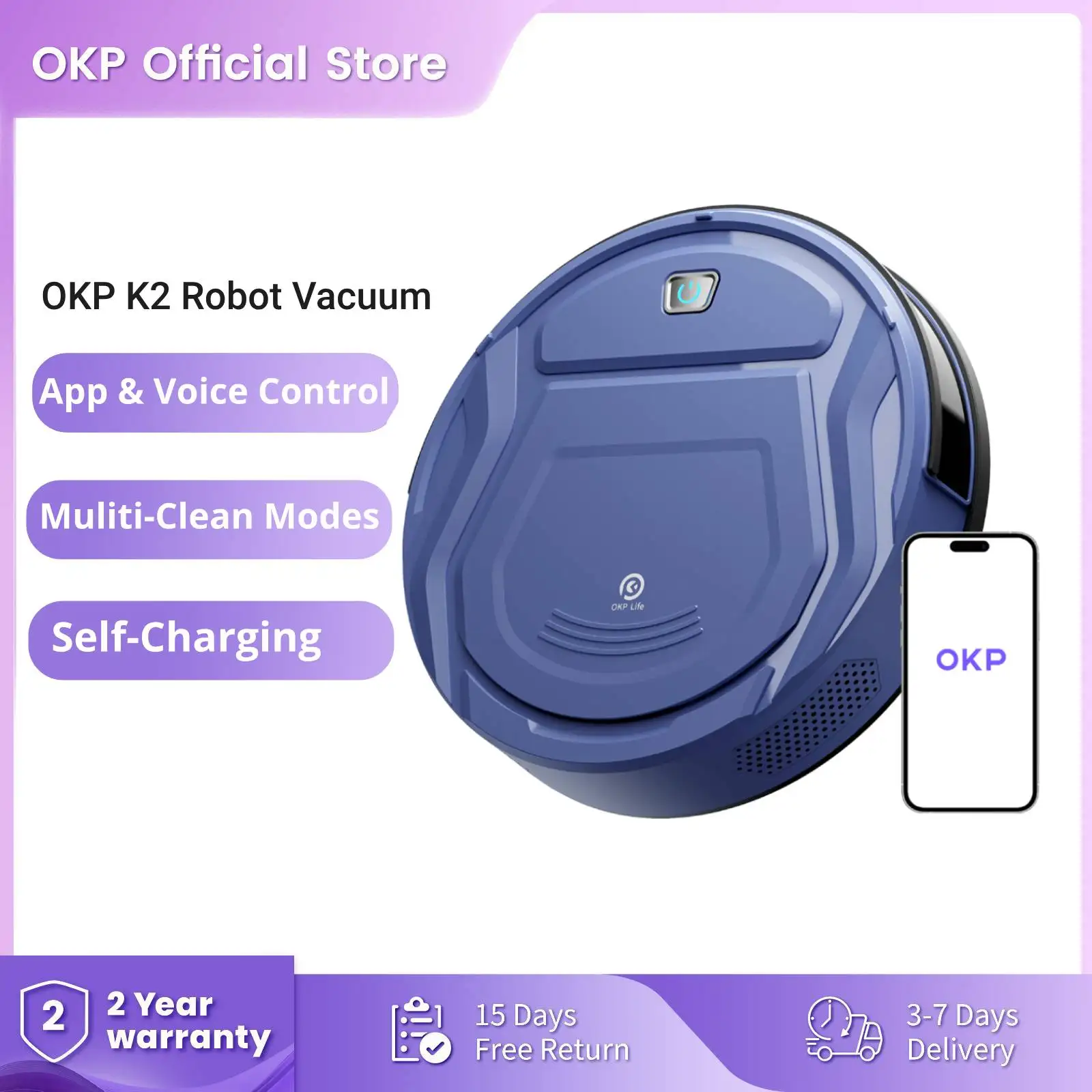 OKP K2 Robot Vacuum Cleaner 2000Pa suction,1800 mAh,App/Google assistant Control,Ideal for Pet Hair, Carpet and Hard Floor