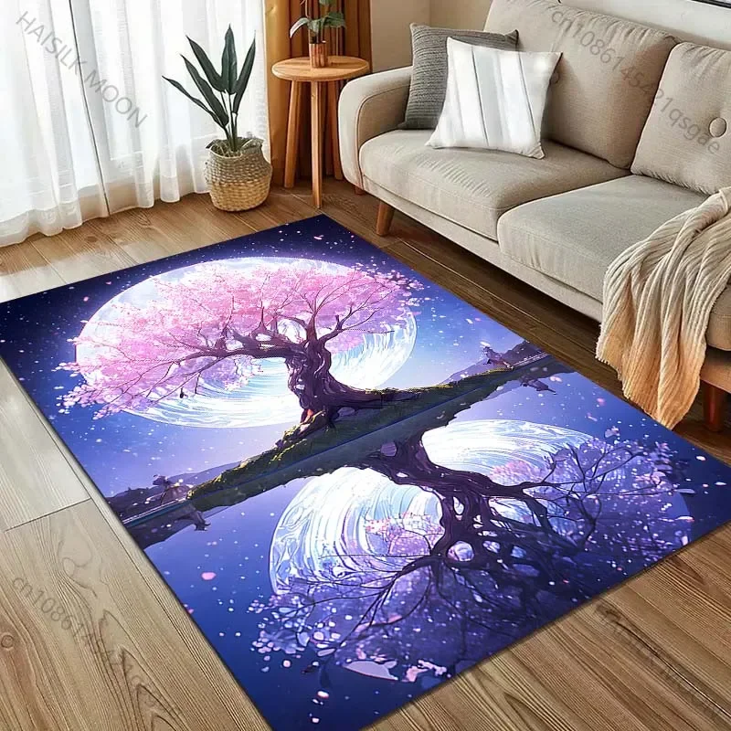 Moon and Cherry Blossom Trees Pattern Carpet for Bedroom Living Room Bedside Sofa Floor Mat Gifts Modern Home Decor Area Rug