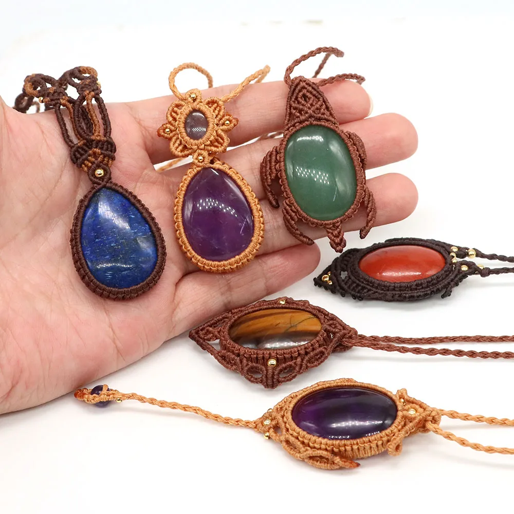 

Natural Stones Tear Water Drop Pendant Crystals Healing Handmade Thread Rope Wrap Braided Macrame Chain Necklace Jewelry Gifts