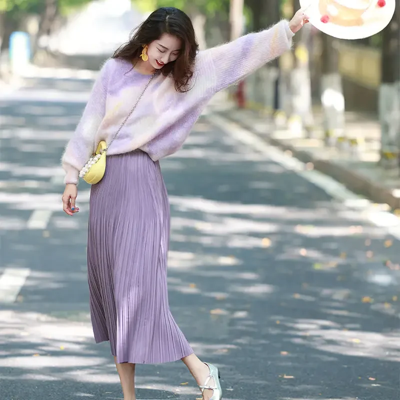 Autumn Sweater Set with Purple Knitted Pullover and High Waist Long Skirt, Women's Fashion Korean Style Two-Piece Outfit S-XXL