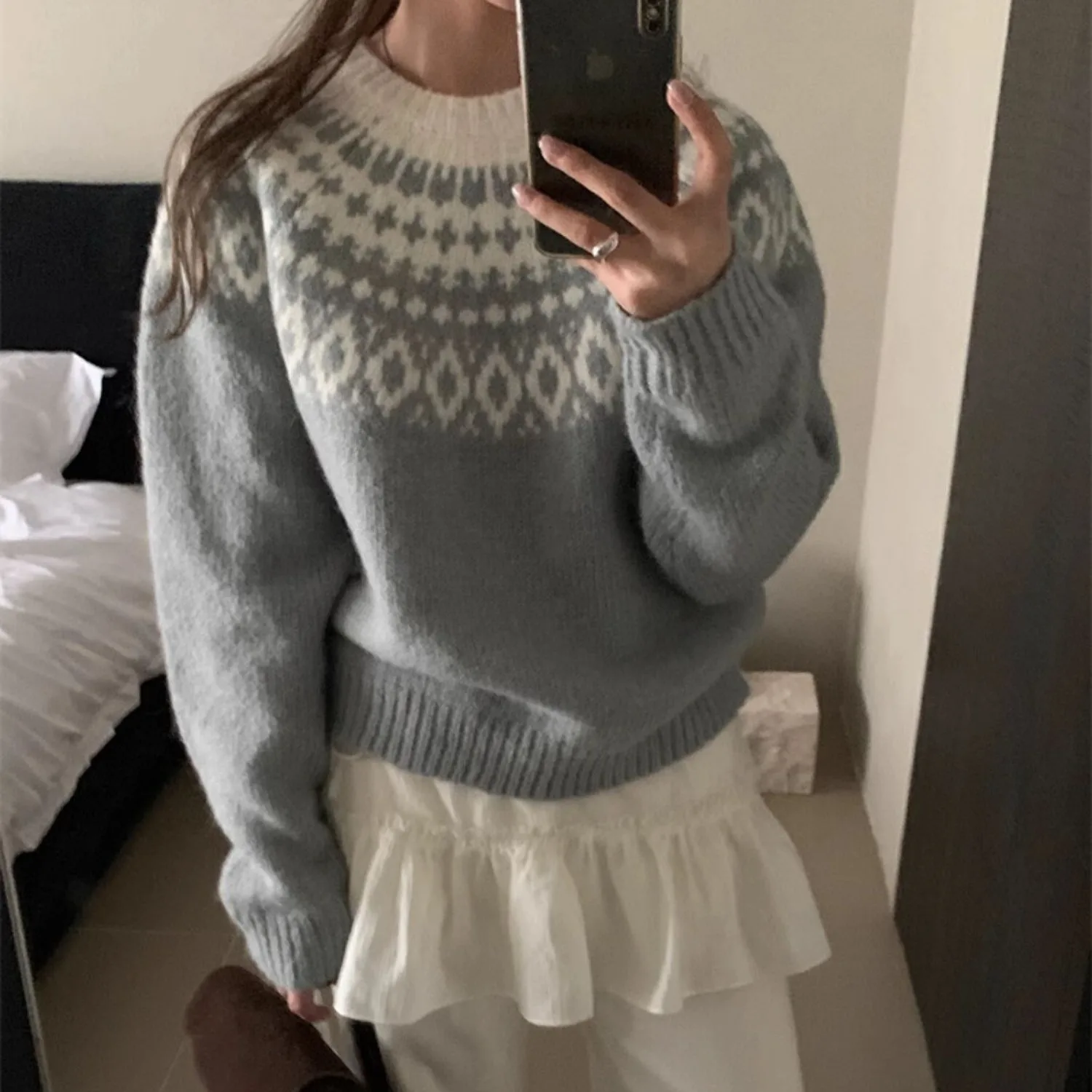 

Женский вязаный свитер в стиле ретро с ярким узором, повседневный универсальный длинный свек, теплый топ на голову, осень-зима, моя