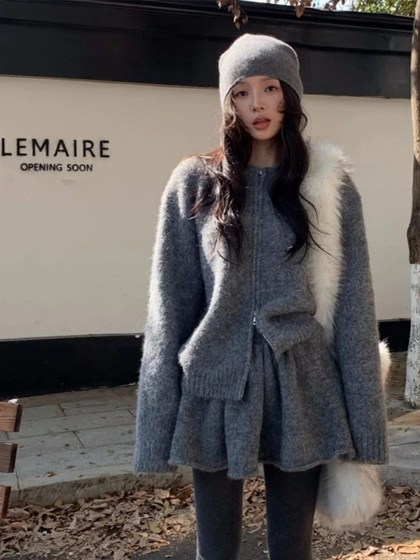 

Мягкий уютный свитер на молнии, женский топ на осень-зиму Lazy Faion, антивозрастная универсальная юбка, комплект из двух предметов