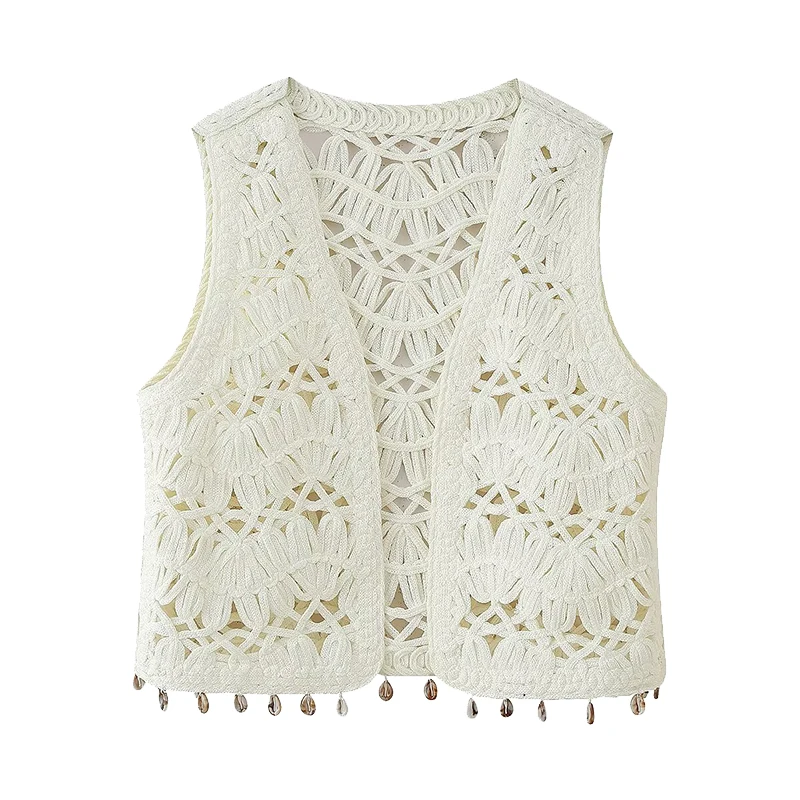 Summer 2025 Women's Knitted ell Decorated Open Front Vest ell aped Design Polyester Fiber 00% New Faion Trend