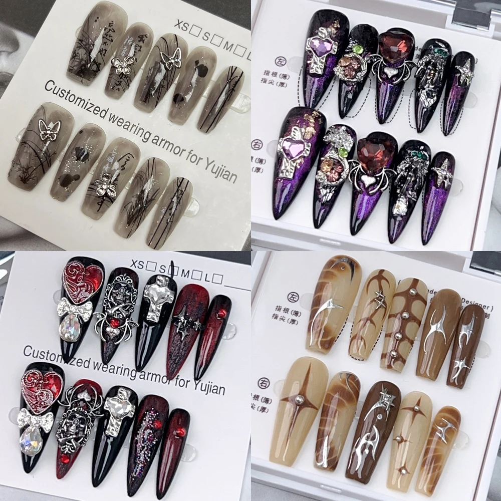 10Pcs Y2K Spice Girl Handmade Press On Nails Silver Diamond Metal Butterfly Rose Stiletto Long Coffin Full Coverage Fake Nail