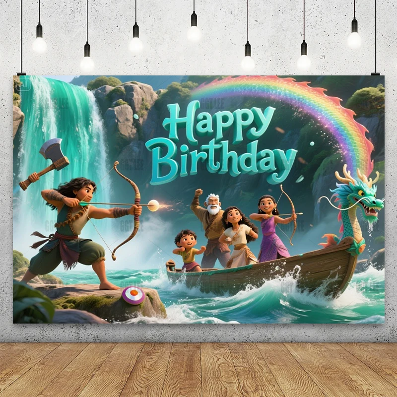 

MINISO Raya & Sisu Waterfall Training Backdrop - Namaari Arrows Tong Axe Boun Boat Dragon Rainbow Photography Banner Decor