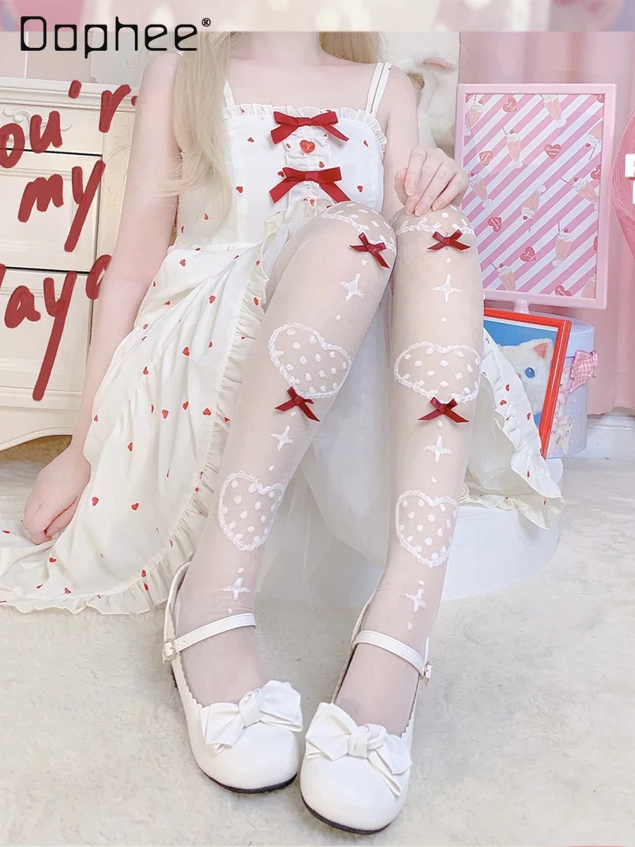 

Lolita Thigh High Stockings Japanese Style Heart Bow Women's Autumn Mid Tube Socks Glass Silk Student Girls Cute Sock