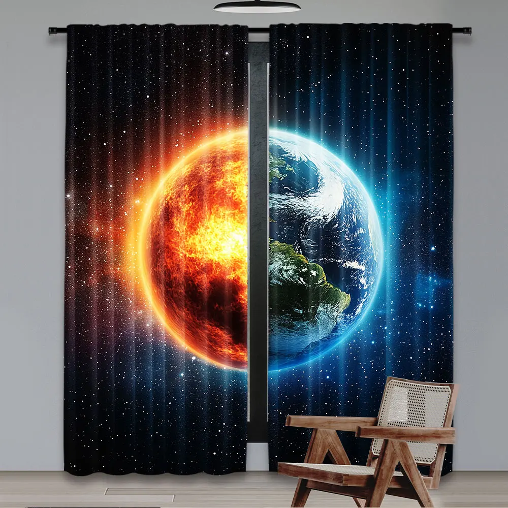 2Pcs Outer Space Curtains Planet Earth In Sun Rays Elements Astronomy Atmosphere Sky Satellite Moon Living Room Bedroom Window