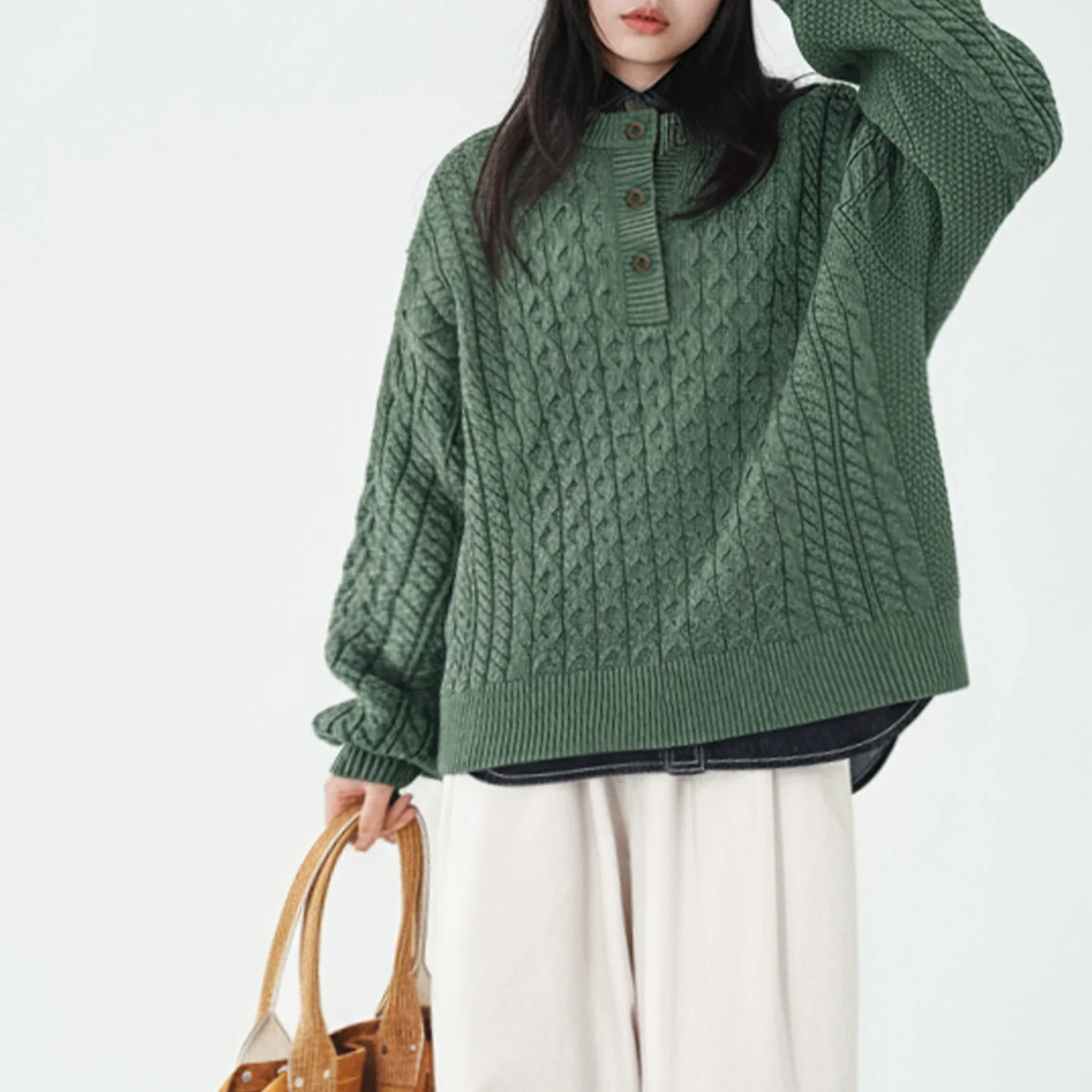 

Maden Women's Retro Green Cable Knit Sweater Thick Pullover Henry Round Neck Loose Fit Warm Knitwear for Autumn Winter