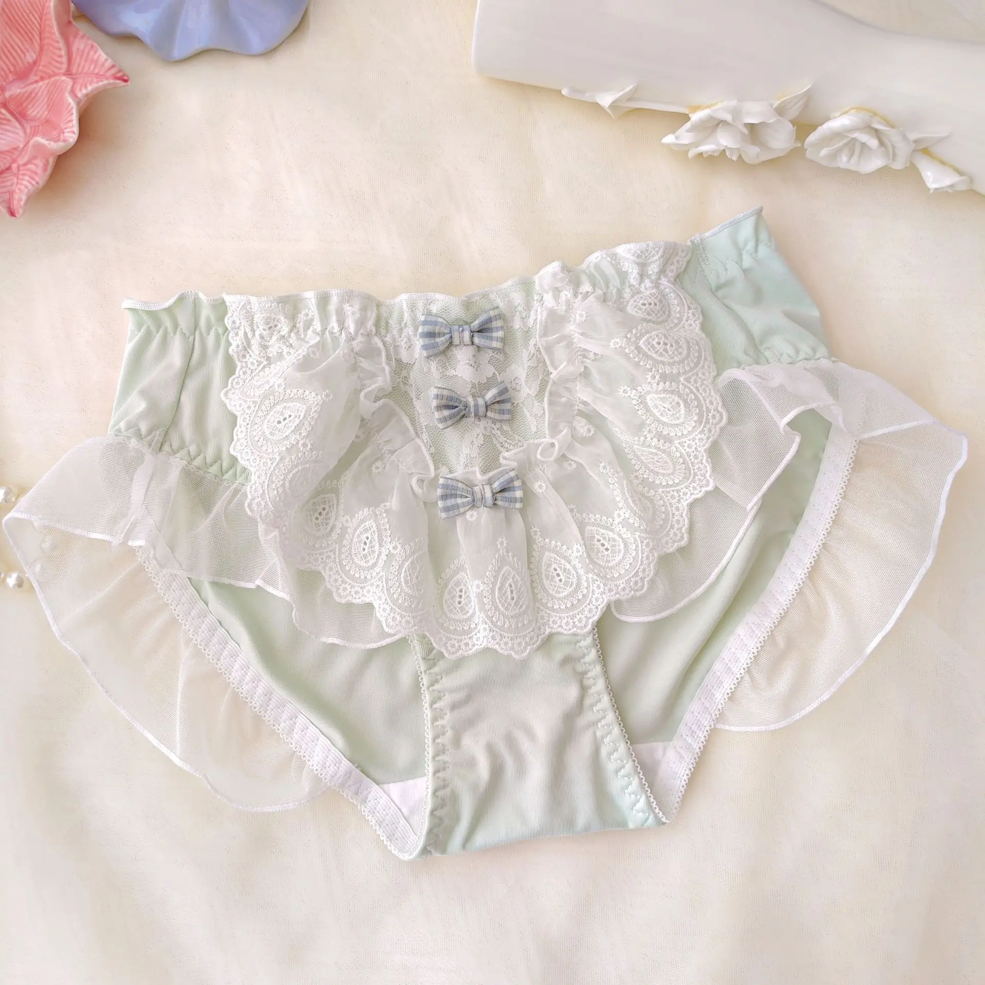 2026 New Style Fresh Milk Silk Bow Fly Edge Princess Student Low-Waisted Triangle Comfortable Girl Cute Lady Underwear