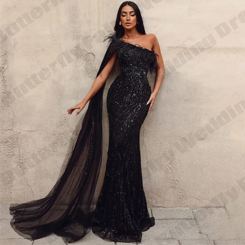 

Beautiful One Shoulder Sleeve Fashion For Women Summer Exquisite Mermaid Backless Sexy Satin Black Mopping Long Evening Dresses