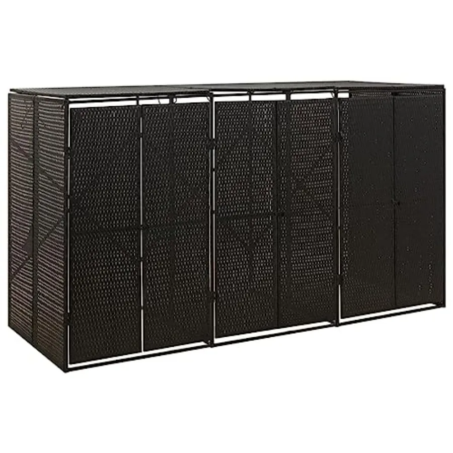 

Large Capacity Triple Wheelie Bin Shed Black PE Rattan Outdoor Storage with Lockable Door Easy-Access Lid Weather-Resistant Mat