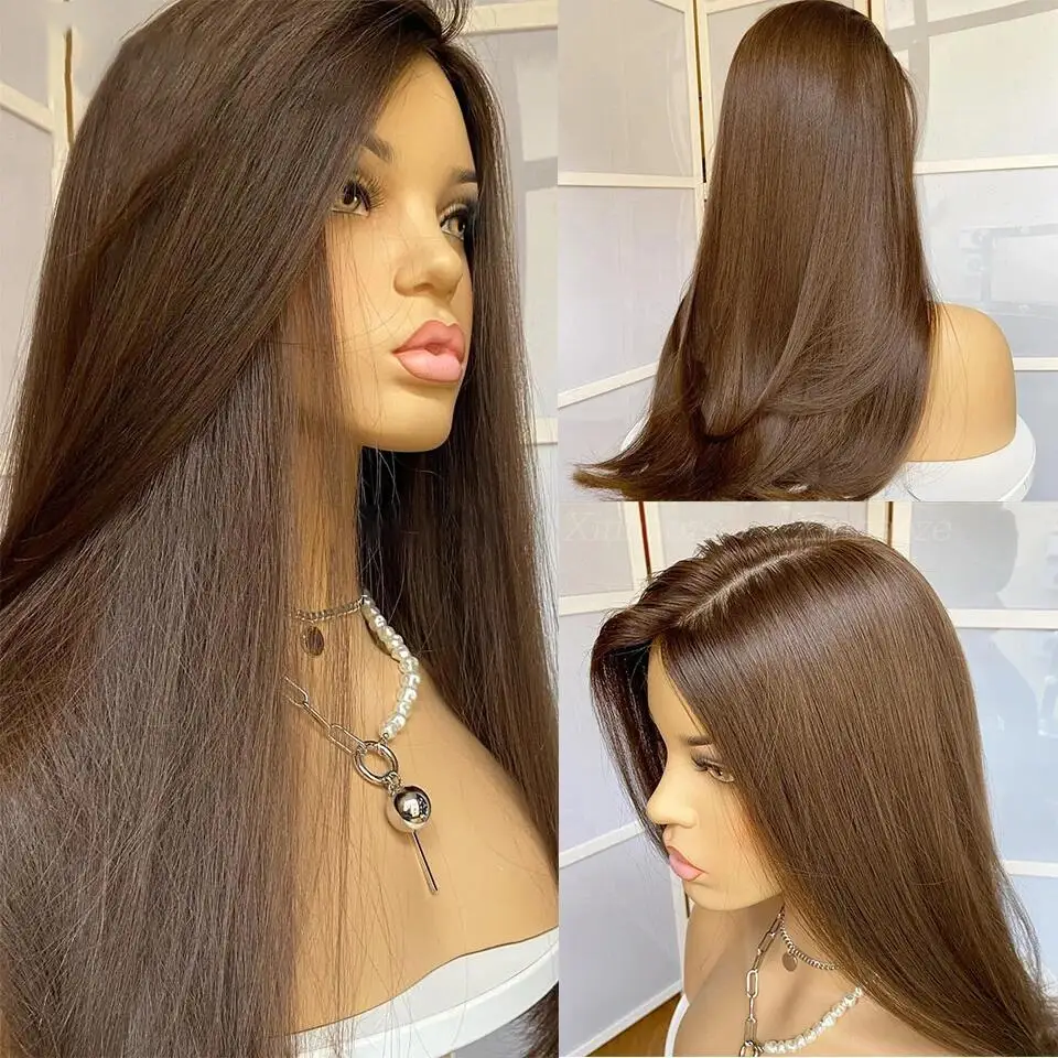 Peluca larga y suave para mujer, postizo de encaje frontal liso de 26 pulgadas, color marrón, 180% de densidad, pelo de bebé sintético predespuntado, sin pegamento, moda diaria